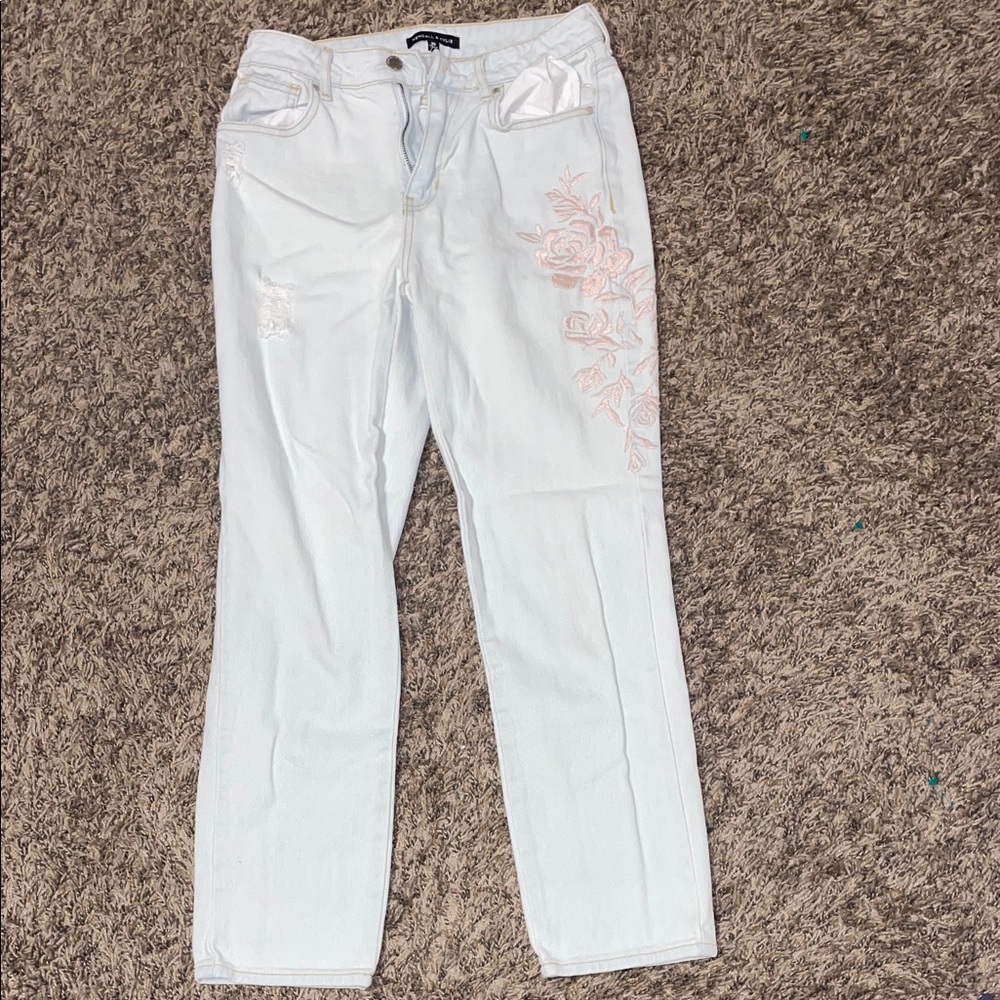 Kendall & Kylie White Straight Leg Jeans with Pink Floral Embroidery